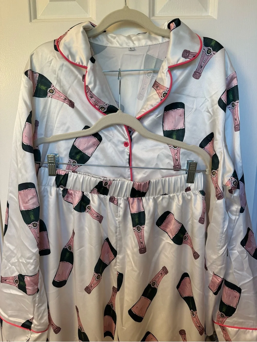 Silky Champagne Bottle Print Pajama Set - White & Pink